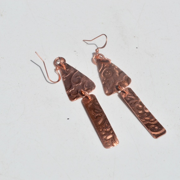 Copper Triangle Rustic Earrings Long Dangle Drop Boho Handmade Artisan Gift - Picture 4 of 7